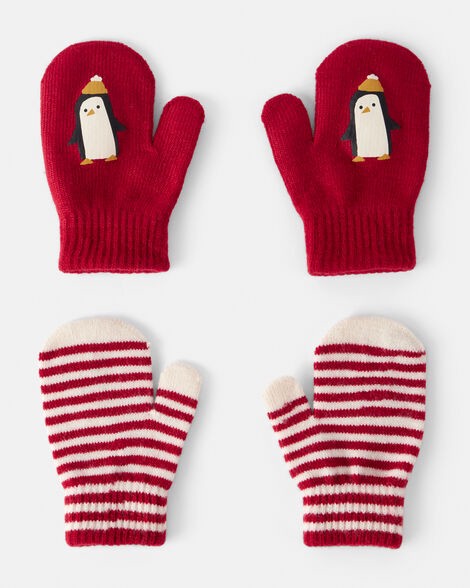 slide 1 of 1, Carters Toddler Boy 2-Pack Penguin Striped Winter Mittens - Red Red/White 2T4T, 1 ct