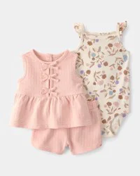 Carters Baby Girl 3-Piece Floral Top, Bodysuit & Short Set - Pink/Cream Pink/Cream NB
