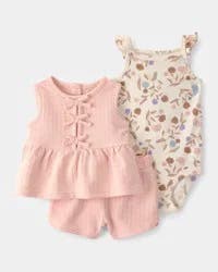 Carters Baby Girl 3-Piece Floral Top, Bodysuit & Short Set - Pink/Cream Pink/Cream NB