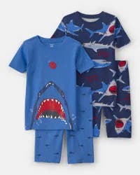 Carters Boys Shark 100% Cotton Short-Sleeve Snug Fit 4-Piece Pajama Set - Blue Blue 14