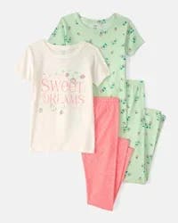 Carters Girls Strawberry 100% Cotton Snug Fit 4-Piece Pajama Set - Green/Pink Multi 5