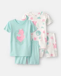 Carters Toddler Girl Fairy Tale Dragon 100% Cotton Short-Sleeve Snug Fit 4-Piece Pajama Set - Blue/Ivory Blue/Ivory 2T