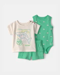 Carters Baby Boy 3-Piece Shark Top, Bodysuit & Short Set - Green/Ivory Green/Ivory NB