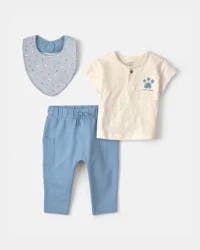 Carters Baby Boy 3-Piece 'Little Buddy' Top & Pant Set - Blue/Ivory Blue/Ivory 9M