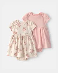 Carters Baby Girl 2-Pack Floral Short-Sleeve Bodysuit Dress - Pink/Ivory Pink/Ivory 12M