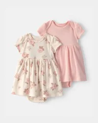 Carters Baby Girl 2-Pack Floral Short-Sleeve Bodysuit Dress - Pink/Ivory Pink/Ivory 3M