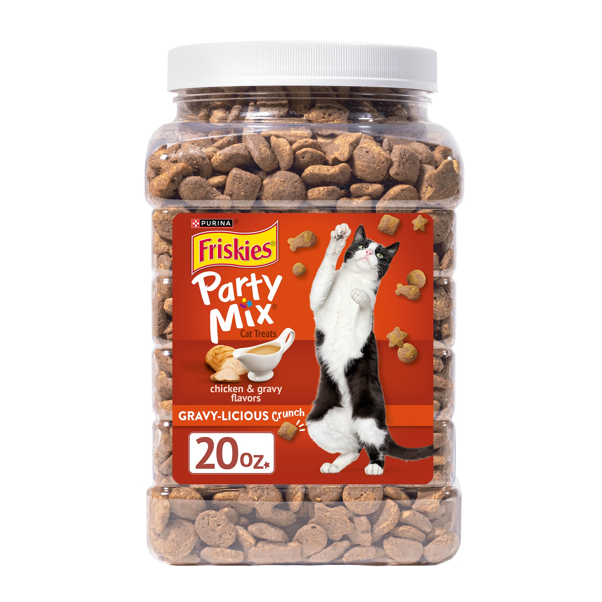 slide 1 of 9, Friskies Purina Friskies Cat Treats, Party Mix Gravy-licious Crunch Chicken and Gravy Flavors, 20 oz