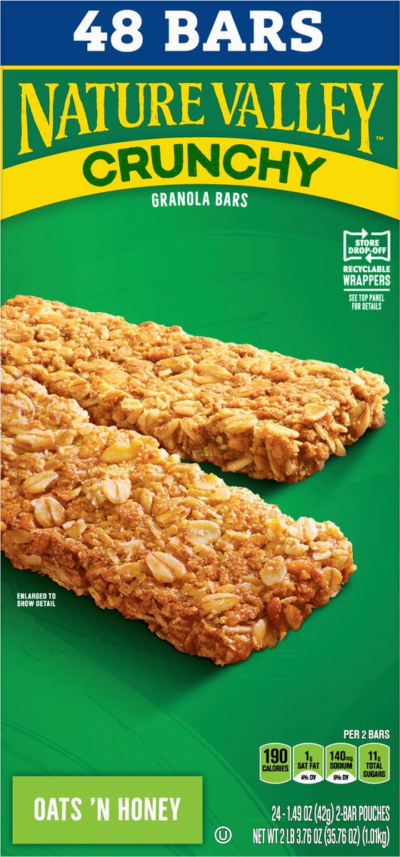 slide 6 of 9, Nature Valley Crunchy Granola Bars, Oats 'n Honey, 48 Ct, 35.76 oz (24 Pouches), 24 ct