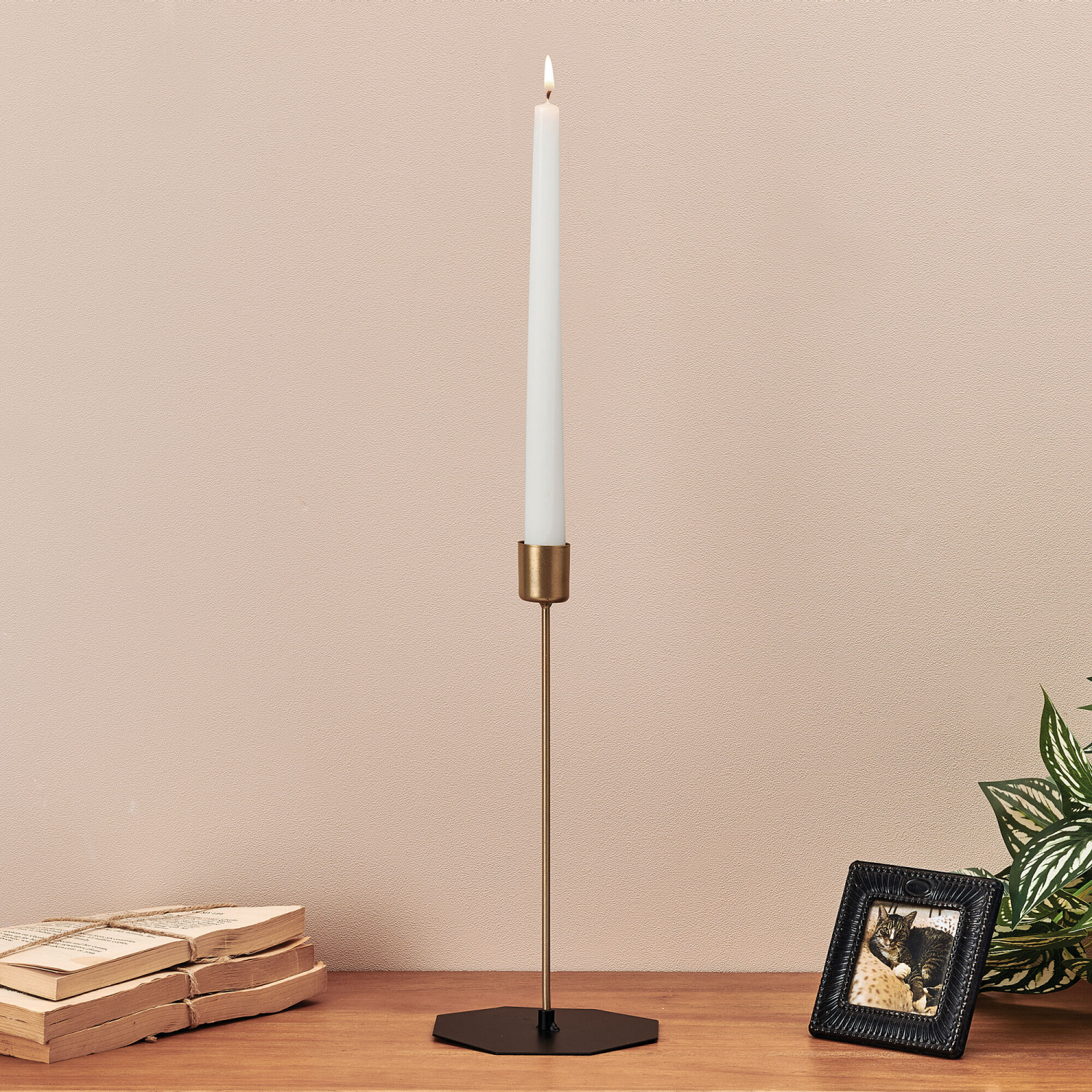 slide 2 of 2, Elements Gold Metal Hex Base Pillar Holder 9.5IN, 9.5 in