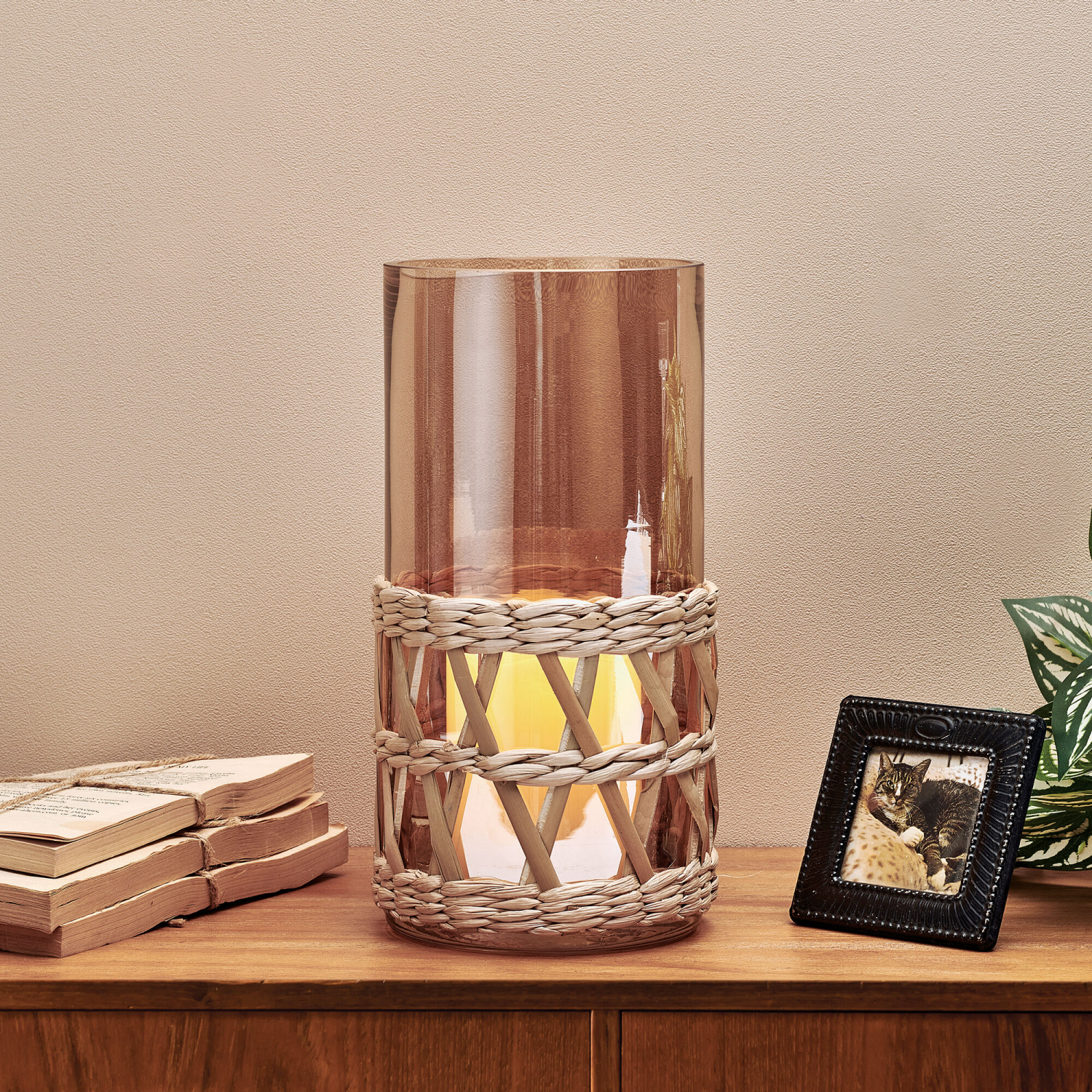 slide 2 of 2, Elements Amber Glass Rattan Cylinder Vase 10IN, 1 ct