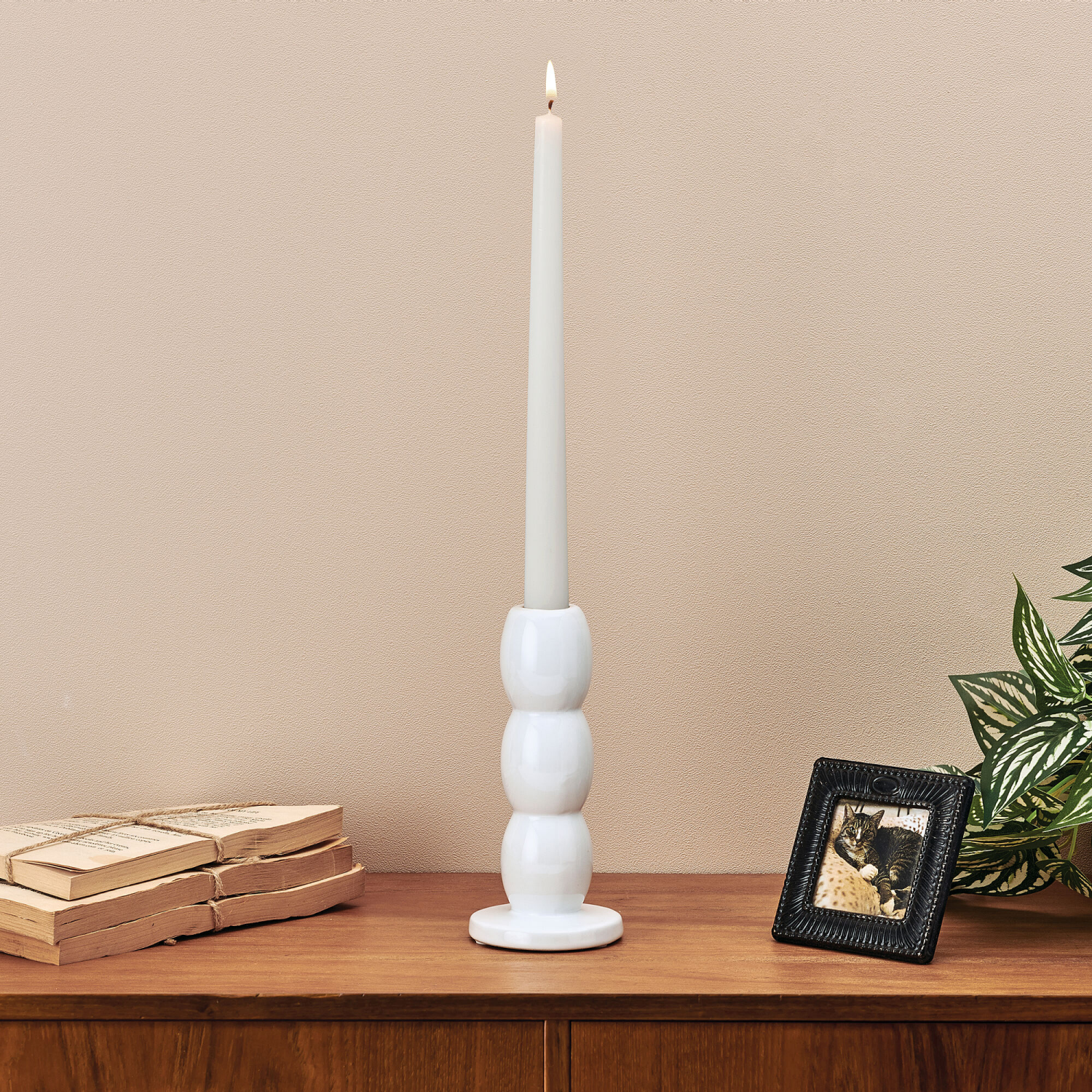 slide 2 of 2, Elements Stoneware Taper Holder White Ball 6IN, 6 in