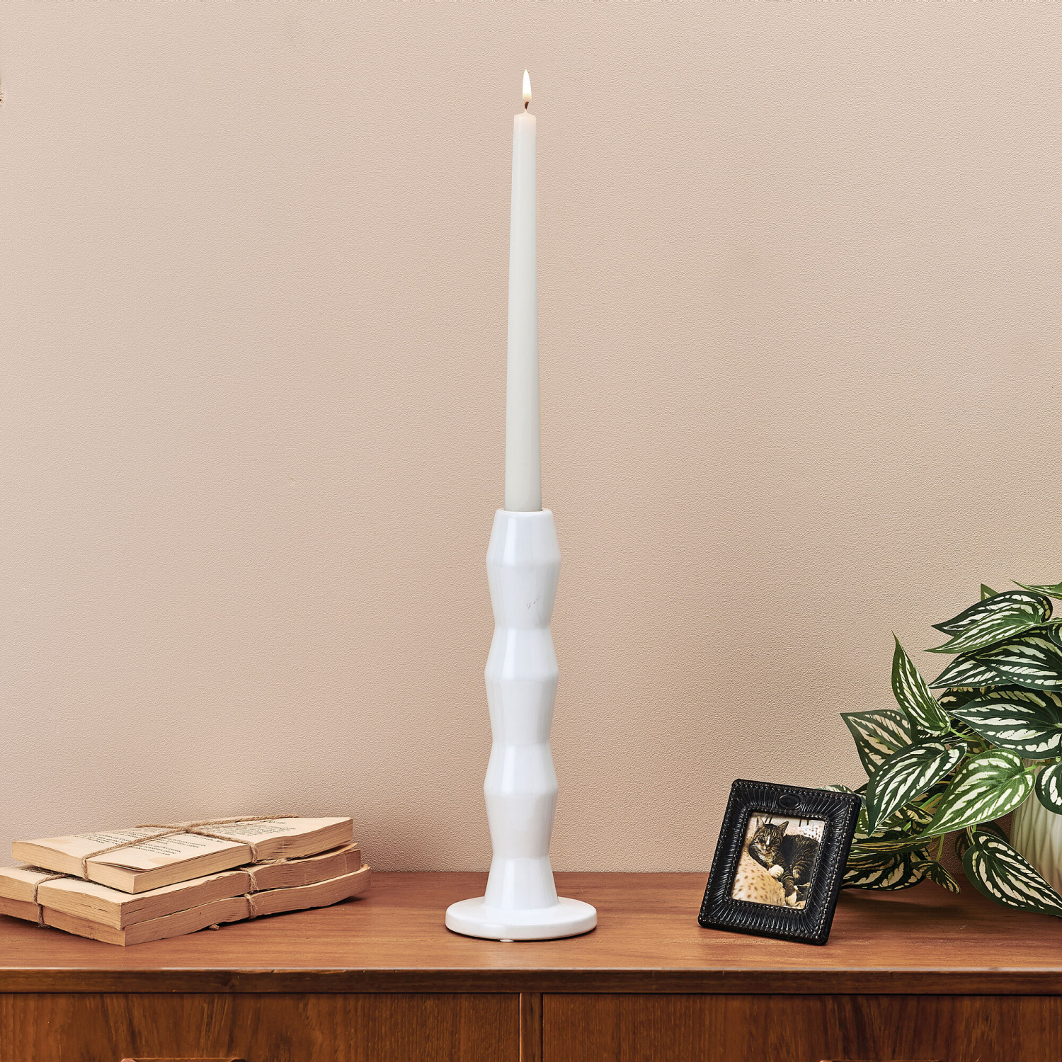 slide 2 of 2, Elements Stoneware Taper Holder White Wavy 9.5IN, 9.5 in