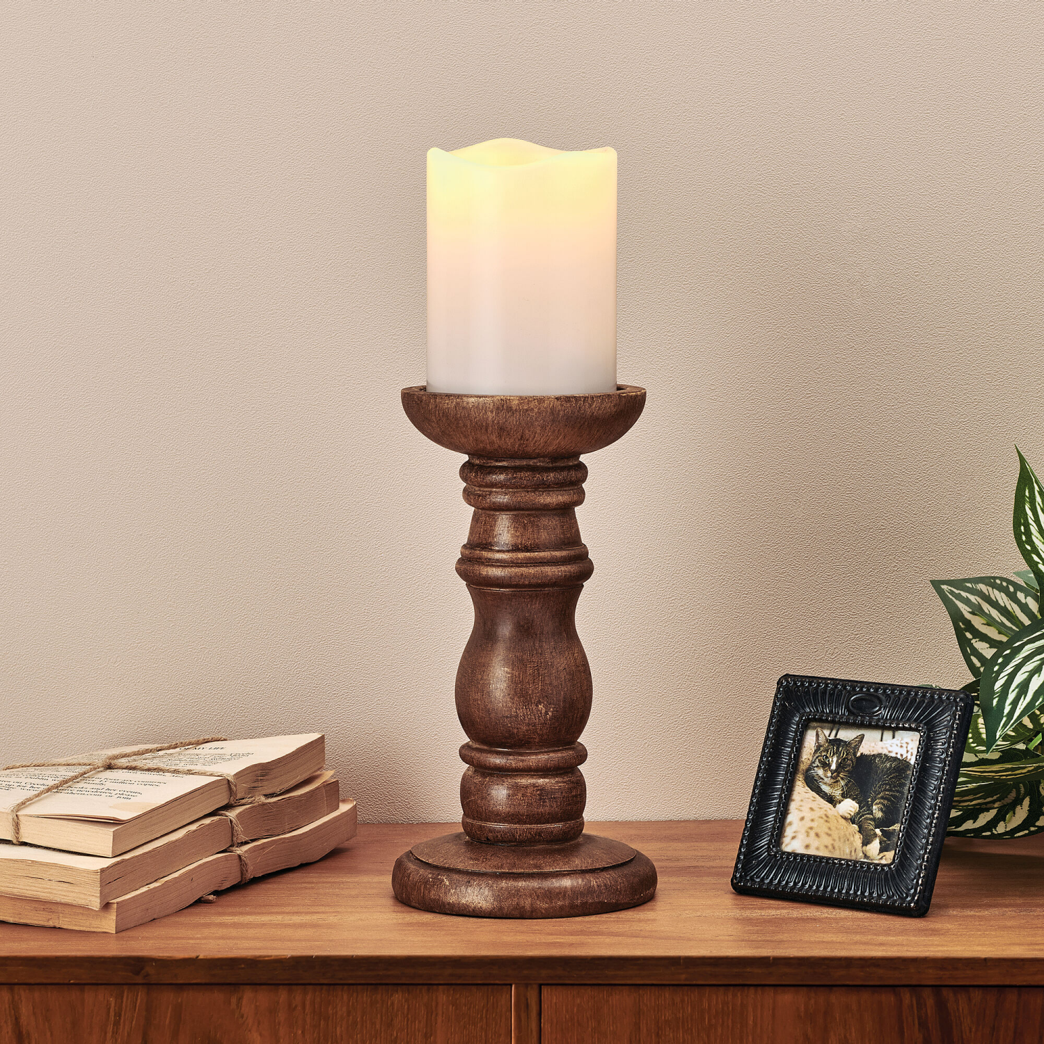 slide 2 of 2, Elements Traditional Resin Candle Holder Brown 4.25x8IN, 1 ct