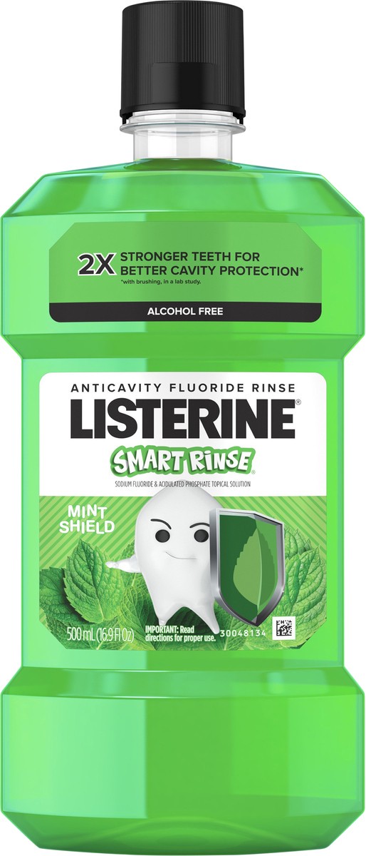 slide 4 of 7, Listerine Smart Rinse Kids Alcohol-Free Anticavity Sodium Fluoride Mouthwash, ADA Accepted Oral Rinse for Dental Cavity Protection, Mint Shield Flavor for Children's Oral Care, 500 mL, 500 ml