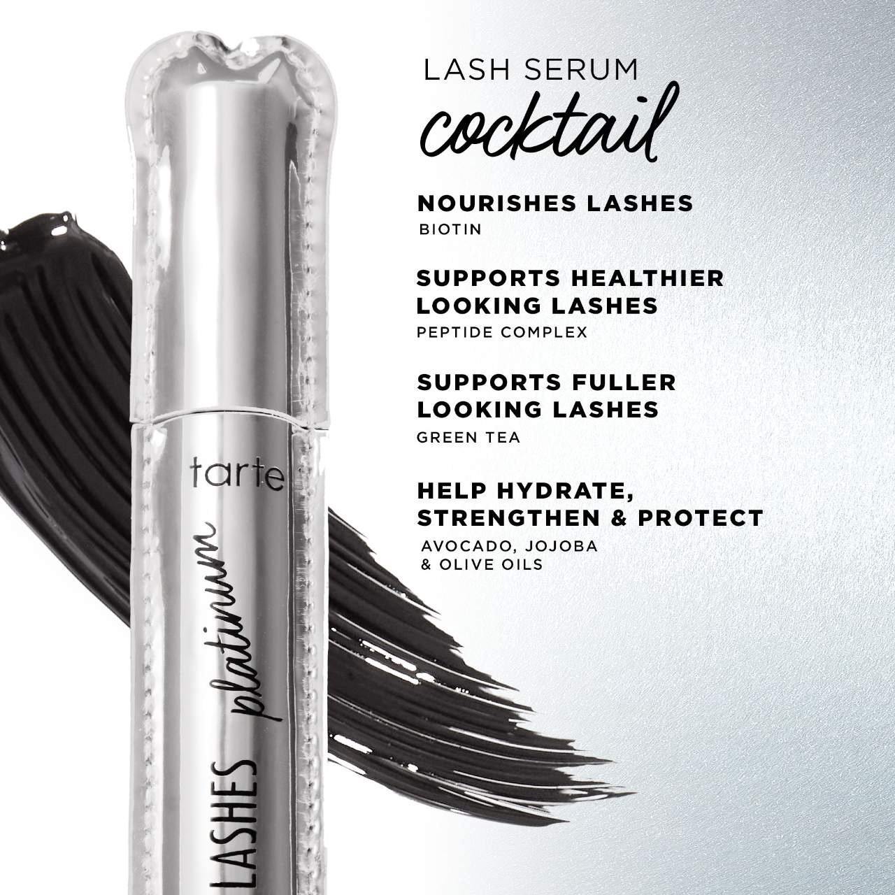 slide 9 of 10, tarte lights, camera, lashes™ 4-in-1 volumizing & conditioning platinum mascara Black, 