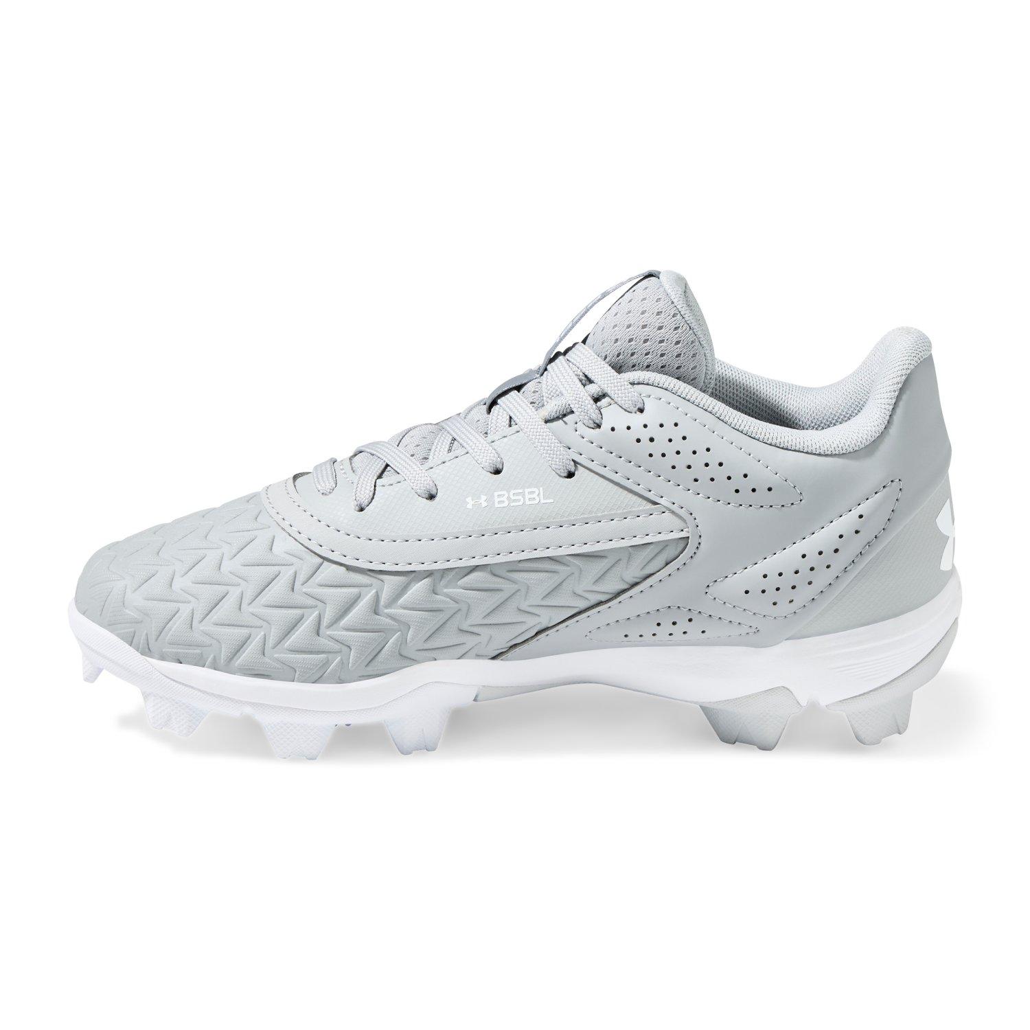 slide 2 of 4, Under Armour Boys UA Leadoff Low RM 3.0 Jr. Baseball Cleats, Gray, Size 12, Size 12
