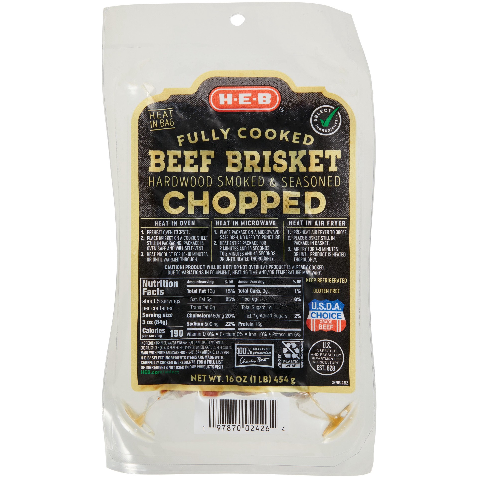 slide 1 of 1, H-E-B Fully Cooked Seasoned Chopped Beef Brisket, 16 oz
