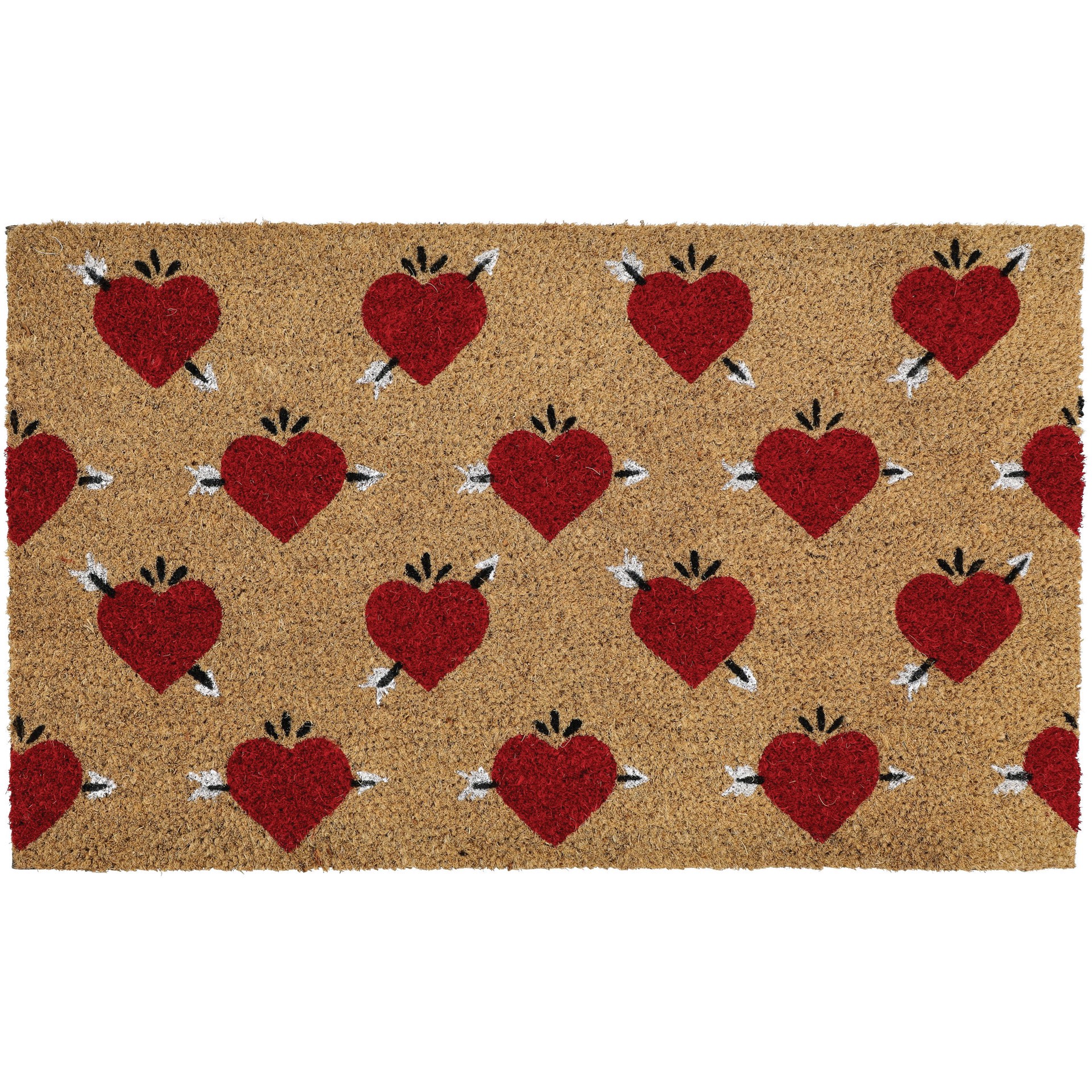 slide 1 of 1, Destination Holiday Valentine's Coir Doormat - Red Hearts, 18 in x 30 in