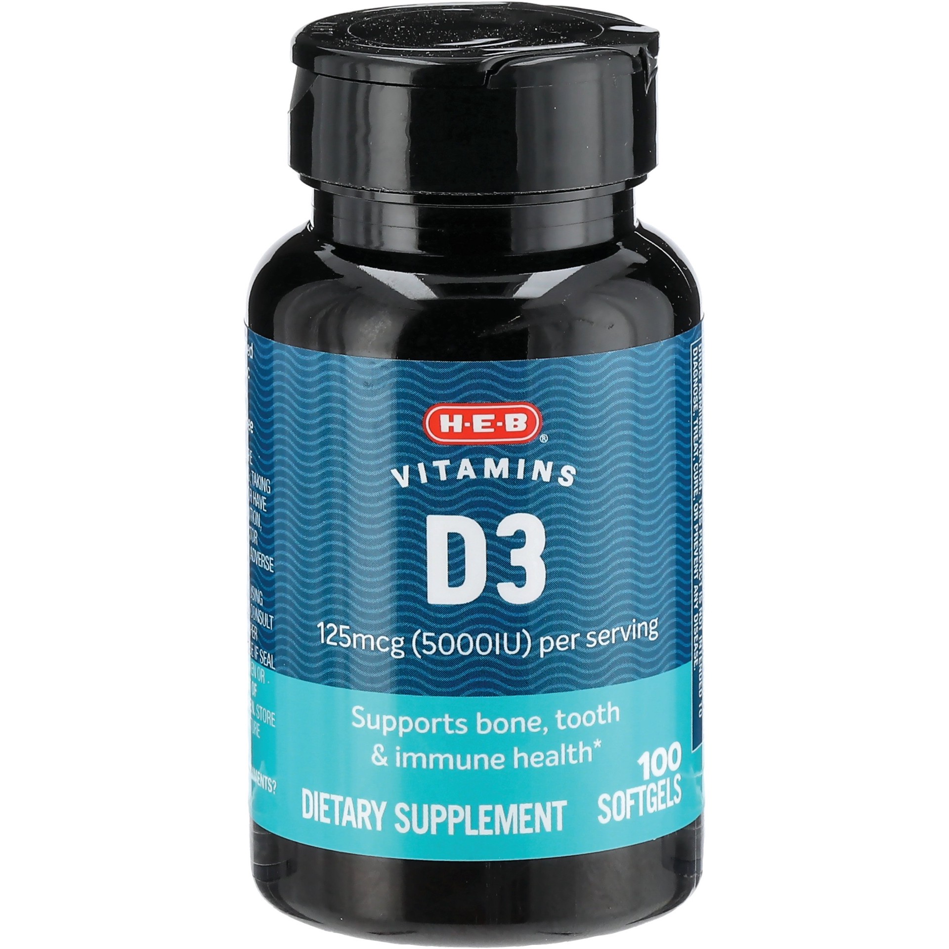 slide 1 of 1, H-E-B Vitamins D3 125 mcg (5,000 IU) Softgels, 100 ct