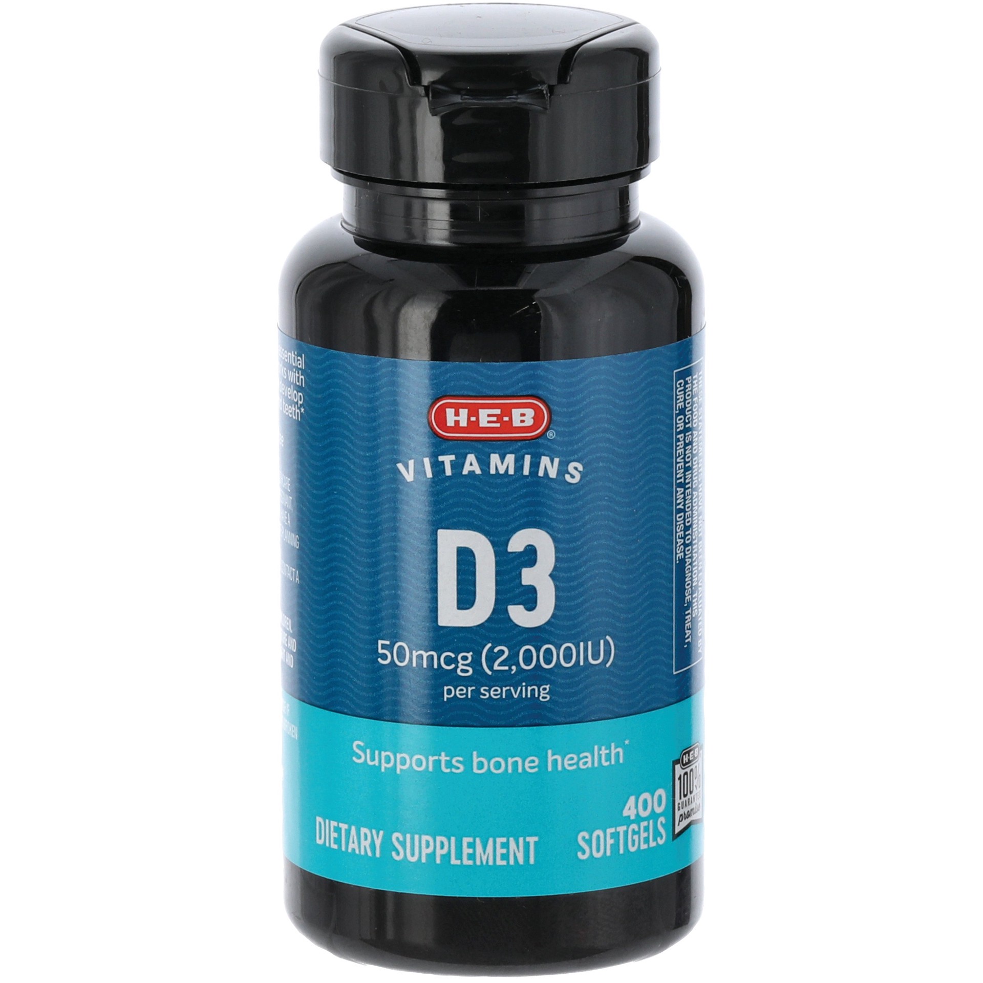 slide 1 of 1, H-E-B Vitamins D3 50 mcg (2,000 IU) Softgels, 400 ct