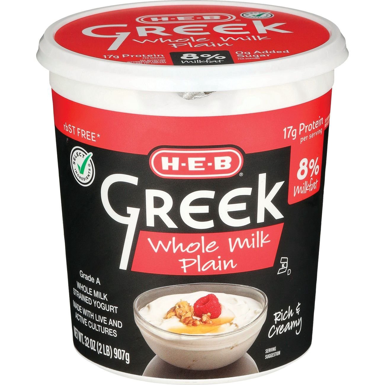 slide 1 of 1, H-E-B 17g Protein Whole Milk Greek Yogurt - Plain, 32 oz
