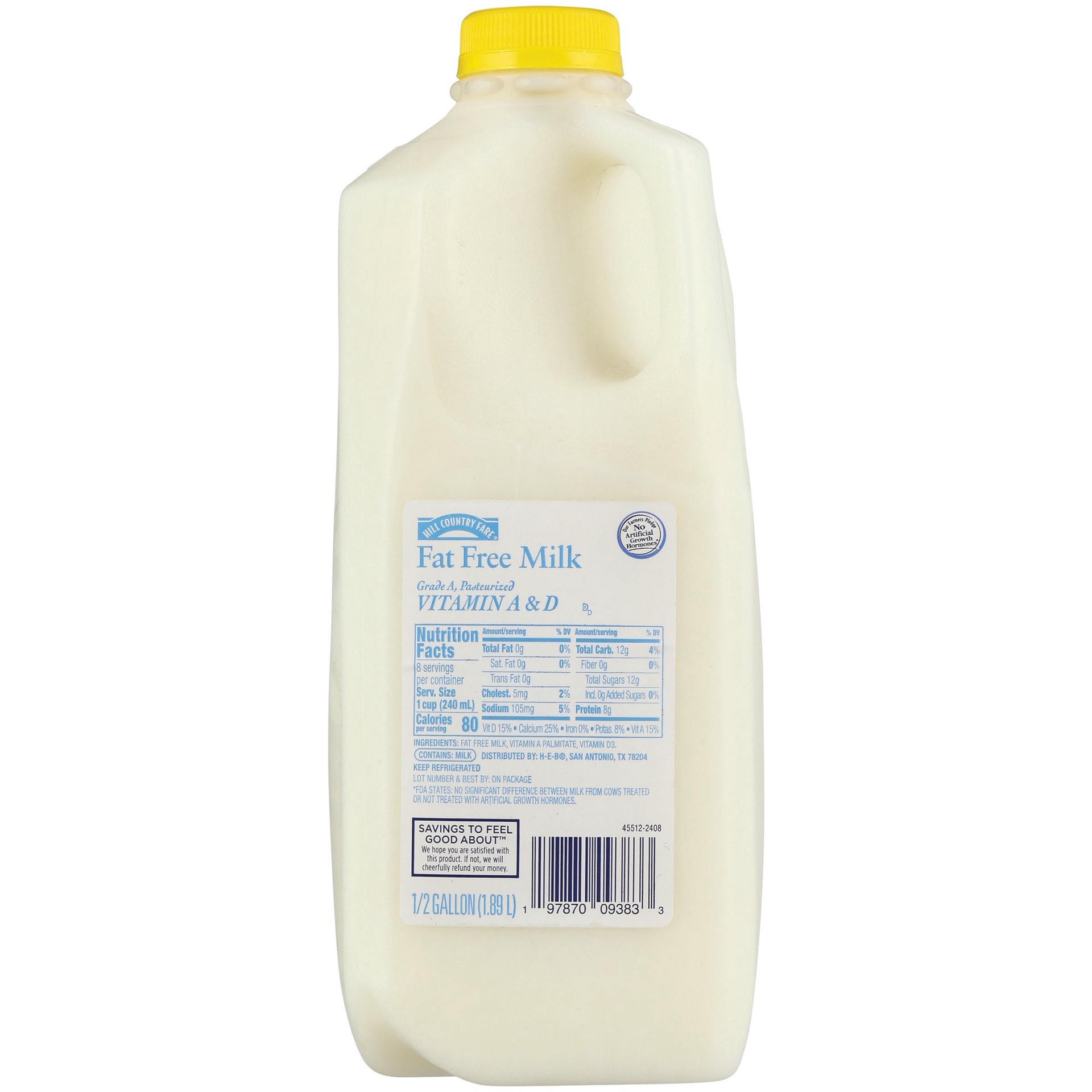 slide 1 of 1, Hill Country Fare Fat Free Milk, 1/2 gal