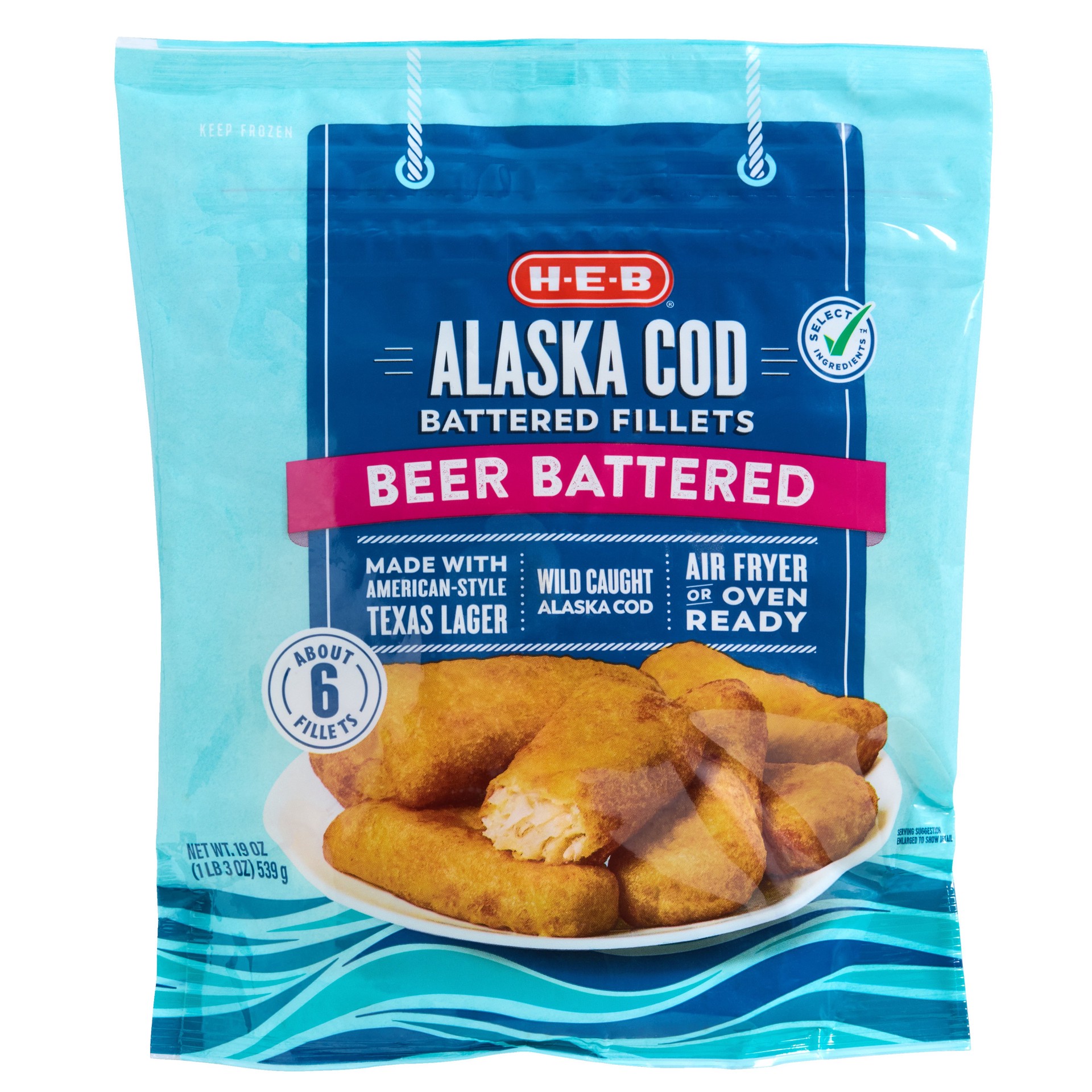 slide 1 of 1, H-E-B Frozen Beer Battered Alaskan Cod Fillets, 6 ct