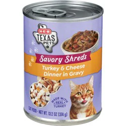 H-E-B Texas Pets Savory Shreds Wet Cat Food - Turkey & Cheese Dinner in Gravy