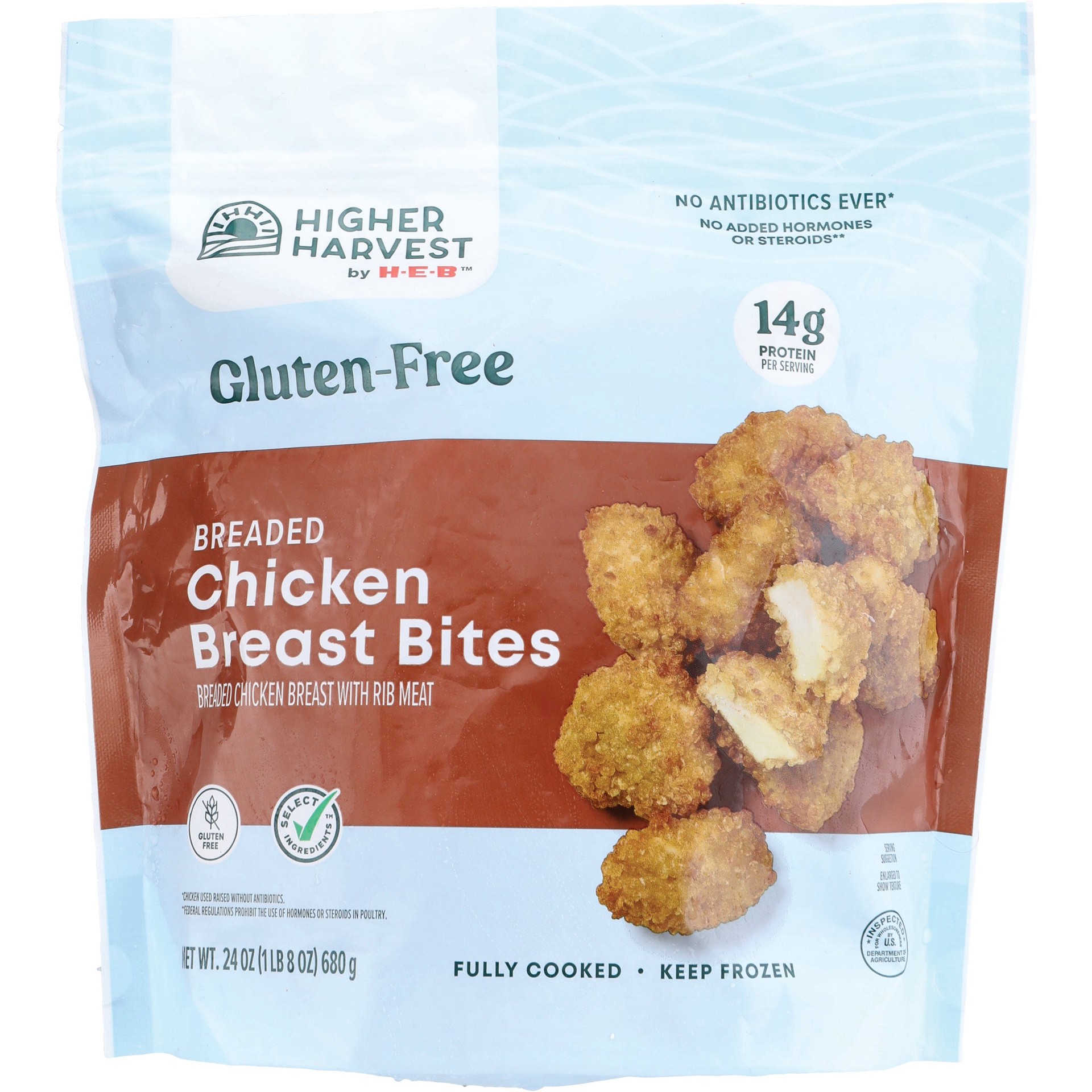 slide 1 of 1, Higher Harvest by H-E-B Gluten Free Breaded Chicken Breast Bites - 14g Protein, 24 oz