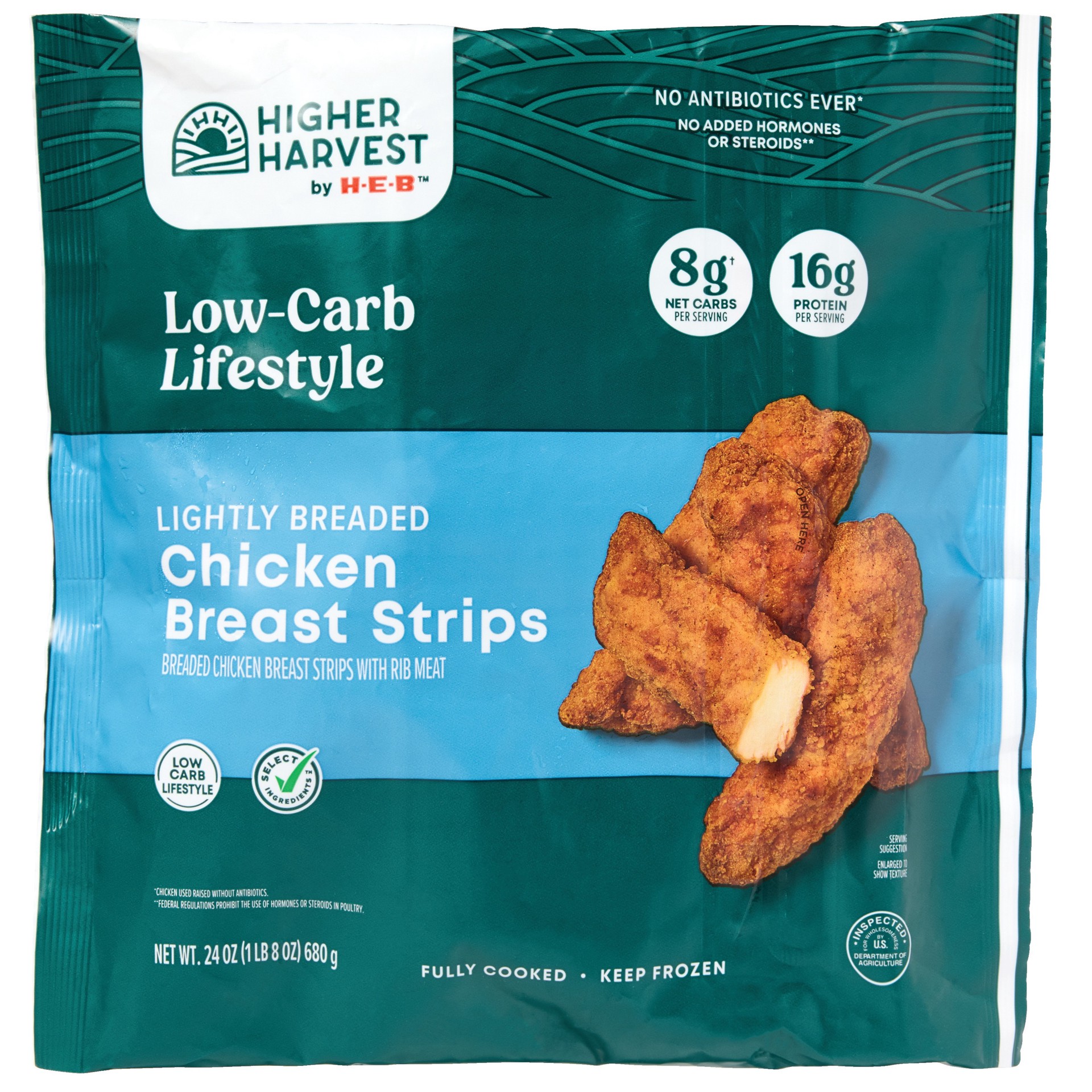 slide 1 of 1, Higher Harvest by H-E-B Lightly Breaded Chicken Breast Strips - 16g Protein, 24 oz