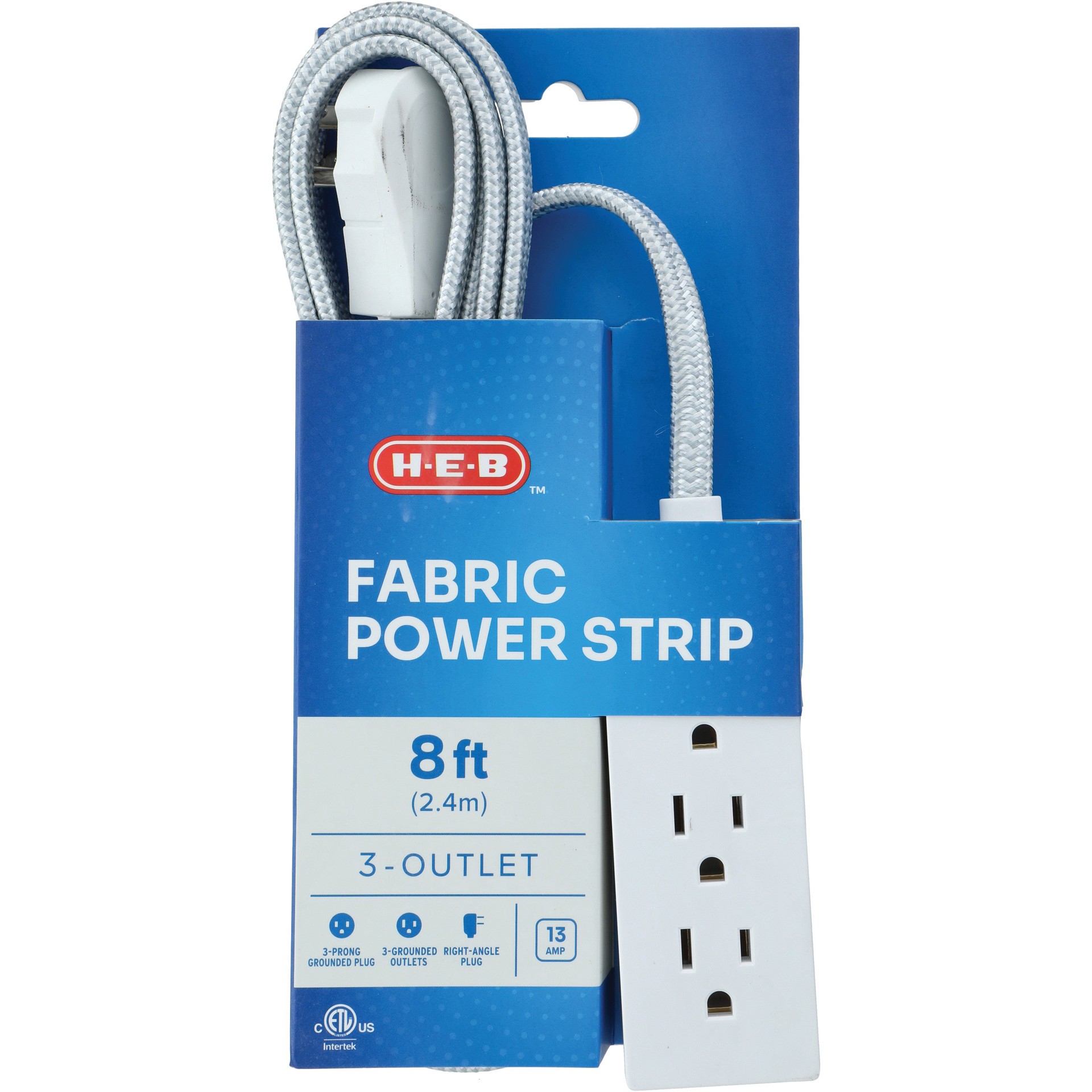 slide 1 of 1, H-E-B 3-Outlet Indoor Fabric Power Strip - White, 8 ft
