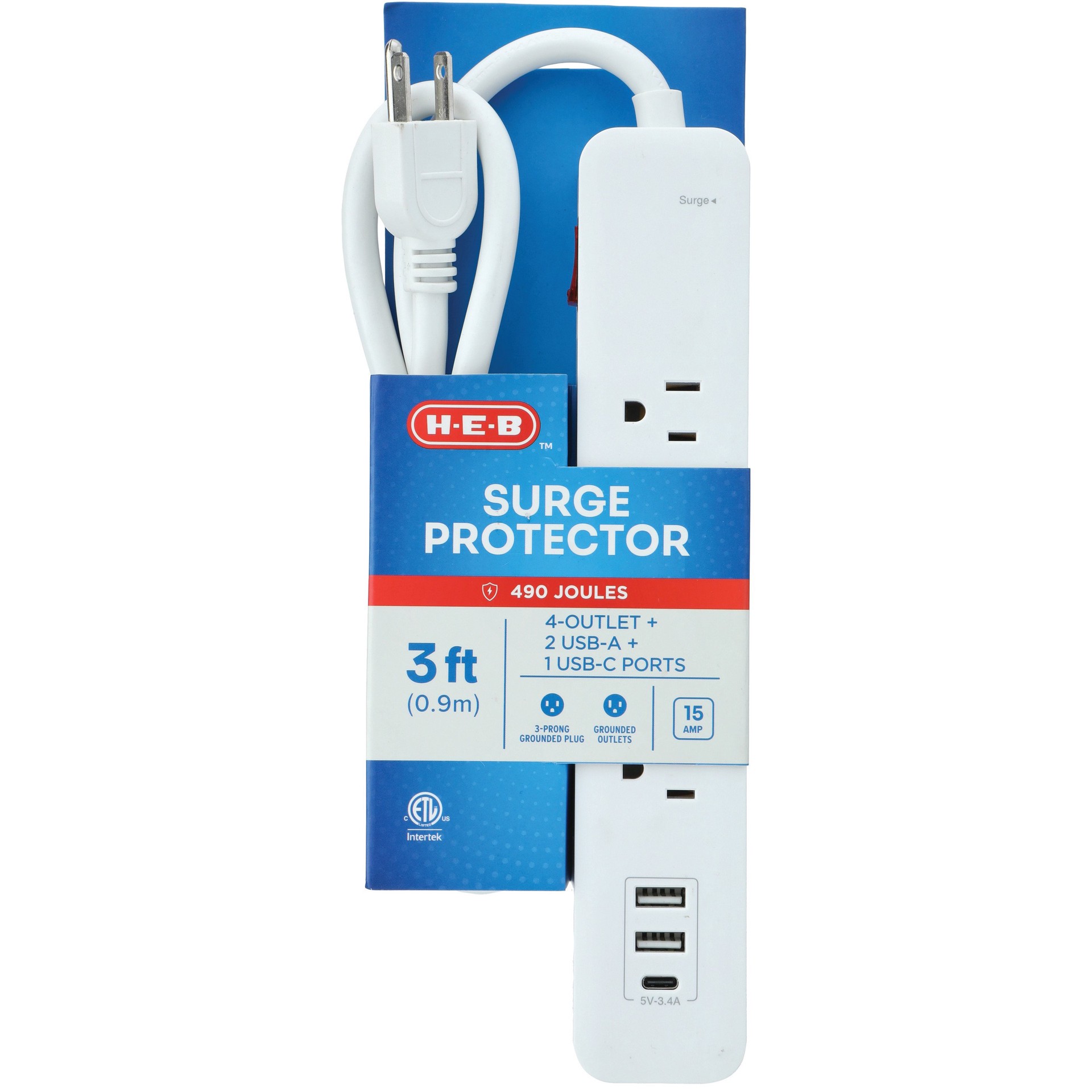 slide 1 of 1, H-E-B 4 Outlet Surge Protector Power Strip With USB Ports, 3 ft