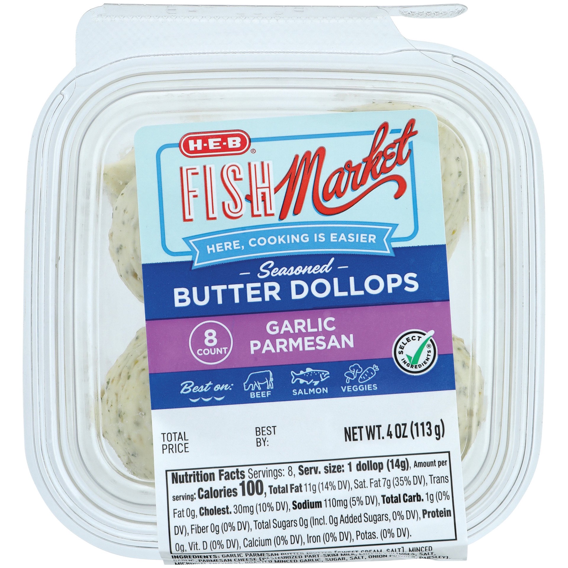 slide 1 of 1, H-E-B Fish Market Seasoned Butter Dollops - Garlic Parmesan, 8 ct