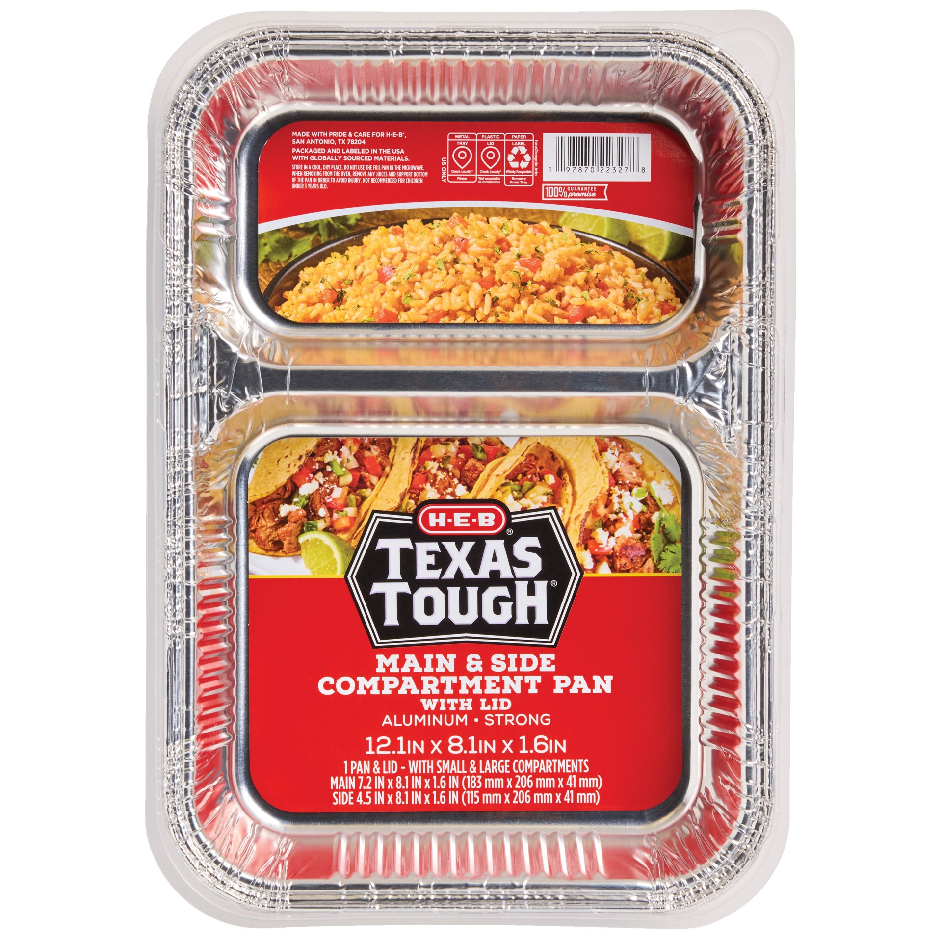 slide 1 of 1, H-E-B Texas Tough Aluminum Main & Side Compartment Pan with Lid, 12.1ftft x 8.1ftft x 1.6ftft