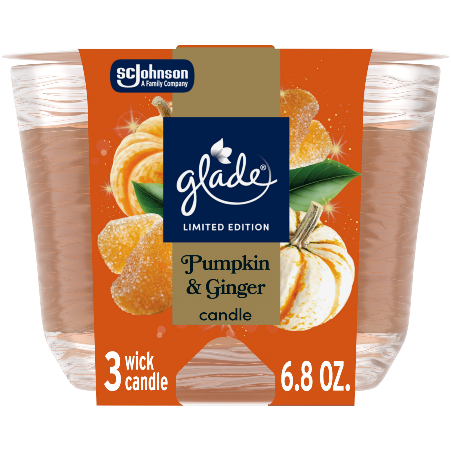 slide 1 of 8, Glade 3-Wick Candle Jar, Pumpkin & Ginger, 6.8oz., 1 count, 1 ct