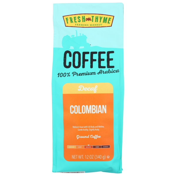 slide 1 of 1, Fresh Thyme Colombian Decaf Ground Coffee, 12 oz
