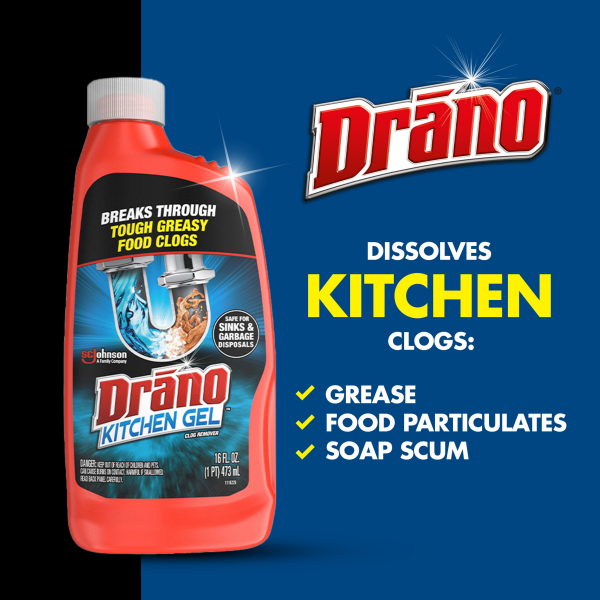 slide 23 of 29, Drano Kitchen Gel, Greasy Clog Remover for Unclogging Garbage Disposals & Sinks, 16 oz, 16 fl oz