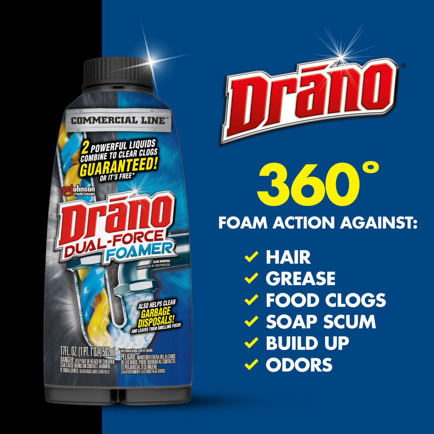 slide 5 of 8, Drano Commercial Line Dual-Force Foamer, Powerful Clog Remover, 17 oz, 17 fl oz