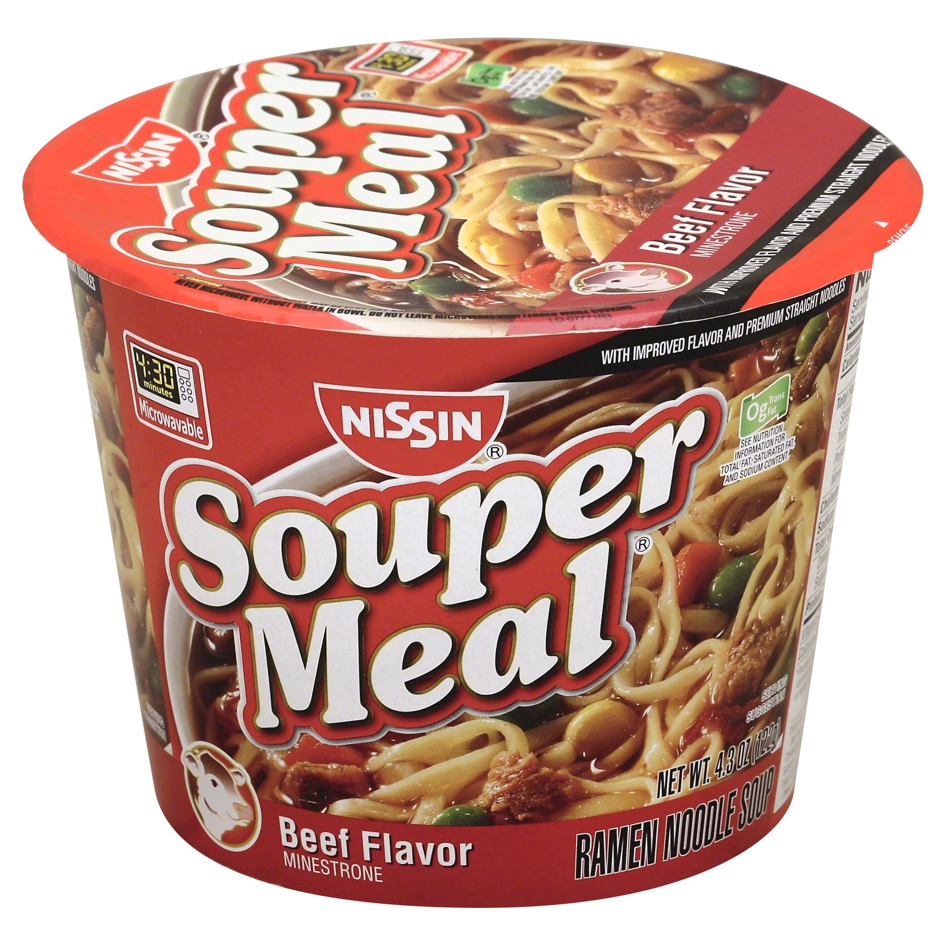 slide 1 of 1, Nissin Souper Meal Beef Flavored Minestrone Ramen Noodle Soup, 4.3 oz