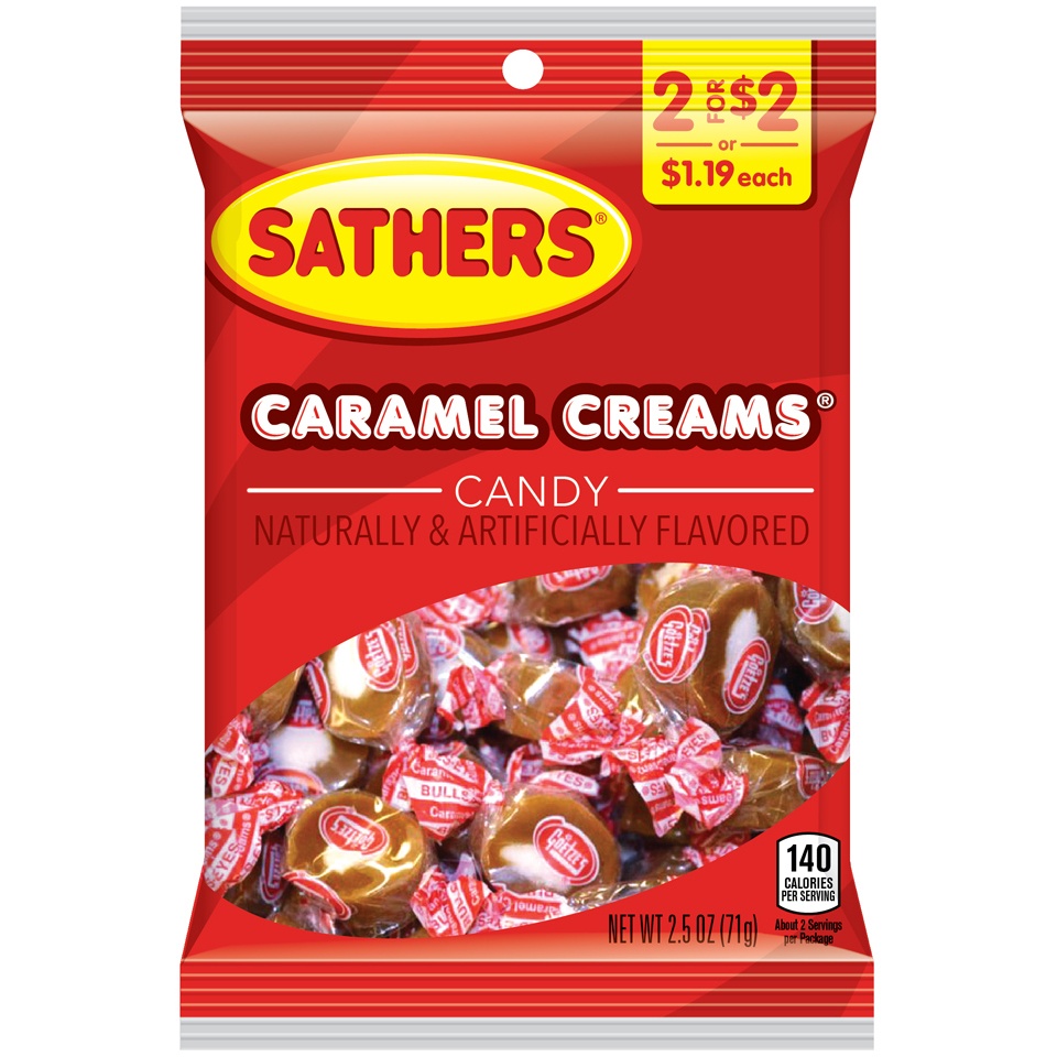 slide 1 of 2, Sathers Candy, Caramel Creams, 2.5 oz