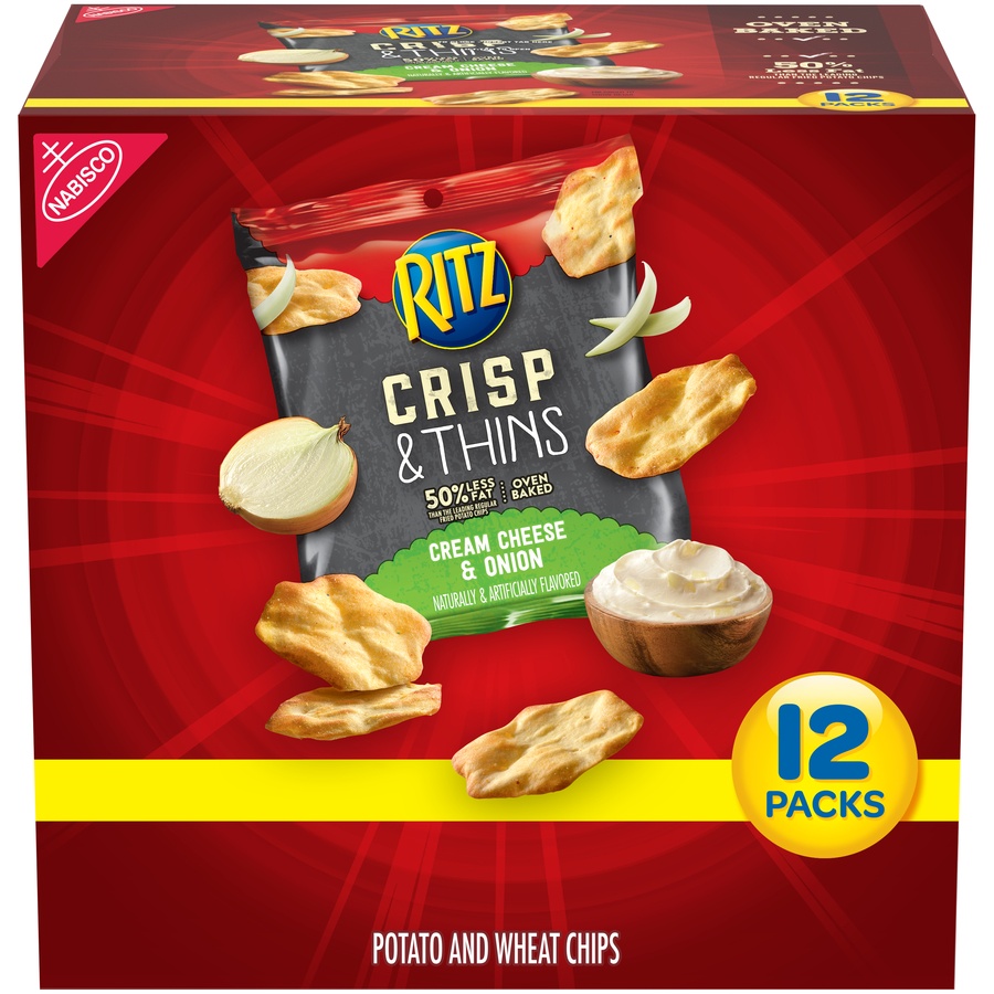 slide 2 of 8, Ritz Crisp & Thins Cream Cheese & Onion Chips - Snack Packs, 12 ct; 0.75 oz