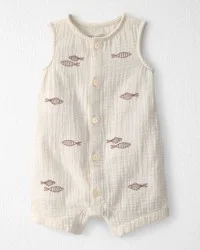 Littleplanet Baby Organic Cotton Gauze Embroidered Romper Cream 3M