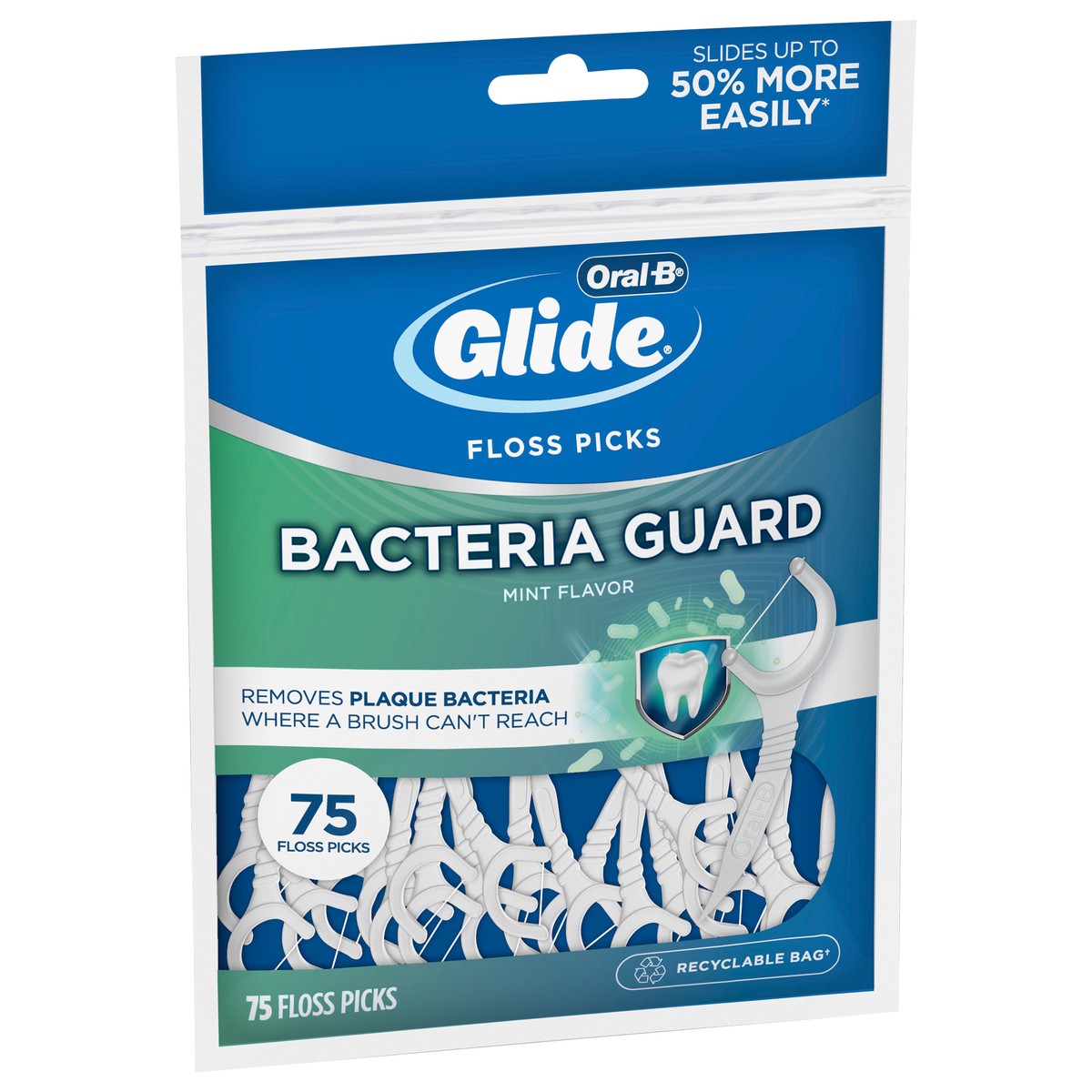 slide 3 of 5, Oral-B Glide Bacteria Guard Dental Floss Picks, Mint, 75 Picks, 75 ct