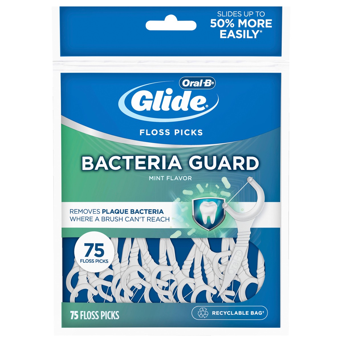 slide 1 of 5, Oral-B Glide Bacteria Guard Dental Floss Picks, Mint, 75 Picks, 75 ct