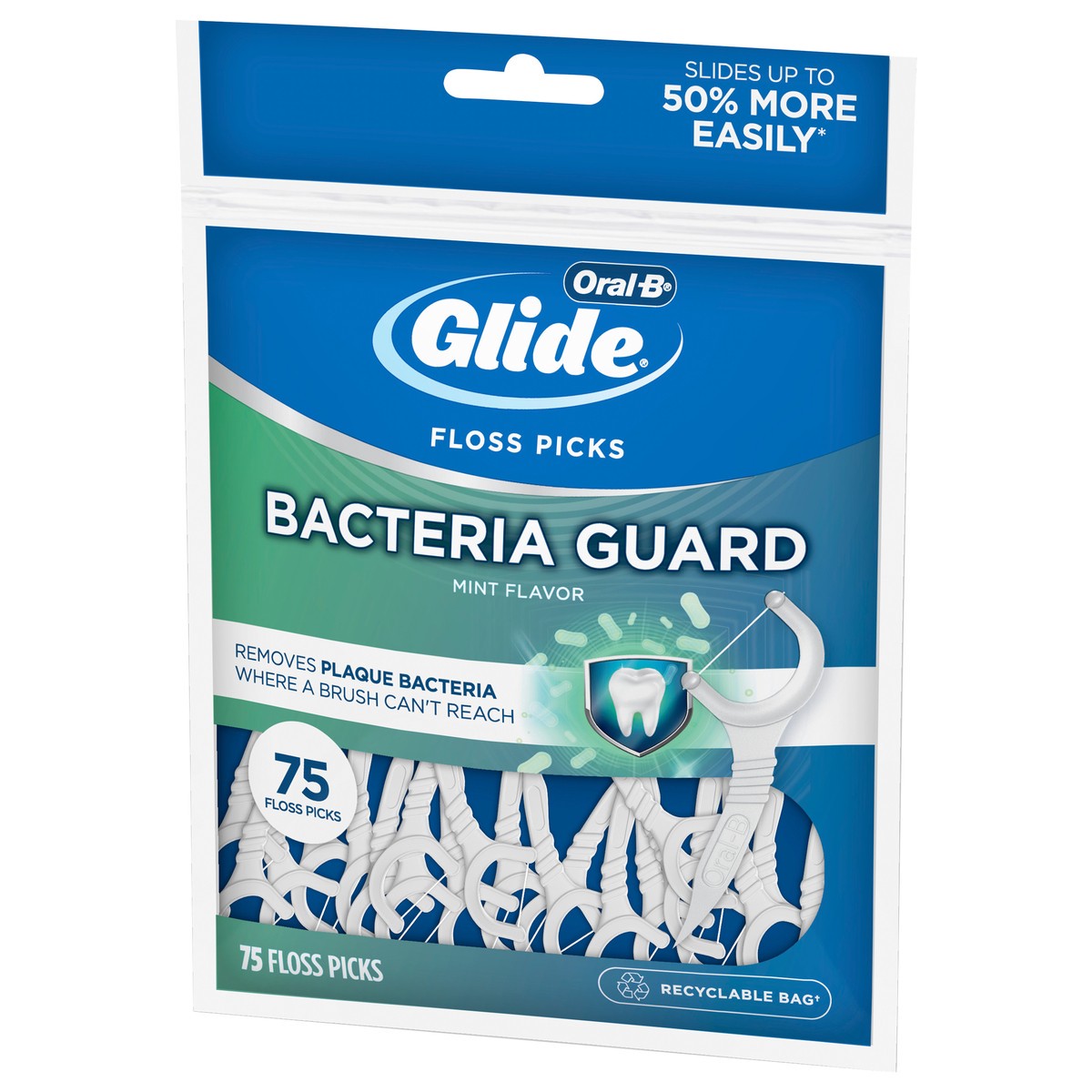 slide 5 of 5, Oral-B Glide Bacteria Guard Dental Floss Picks, Mint, 75 Picks, 75 ct