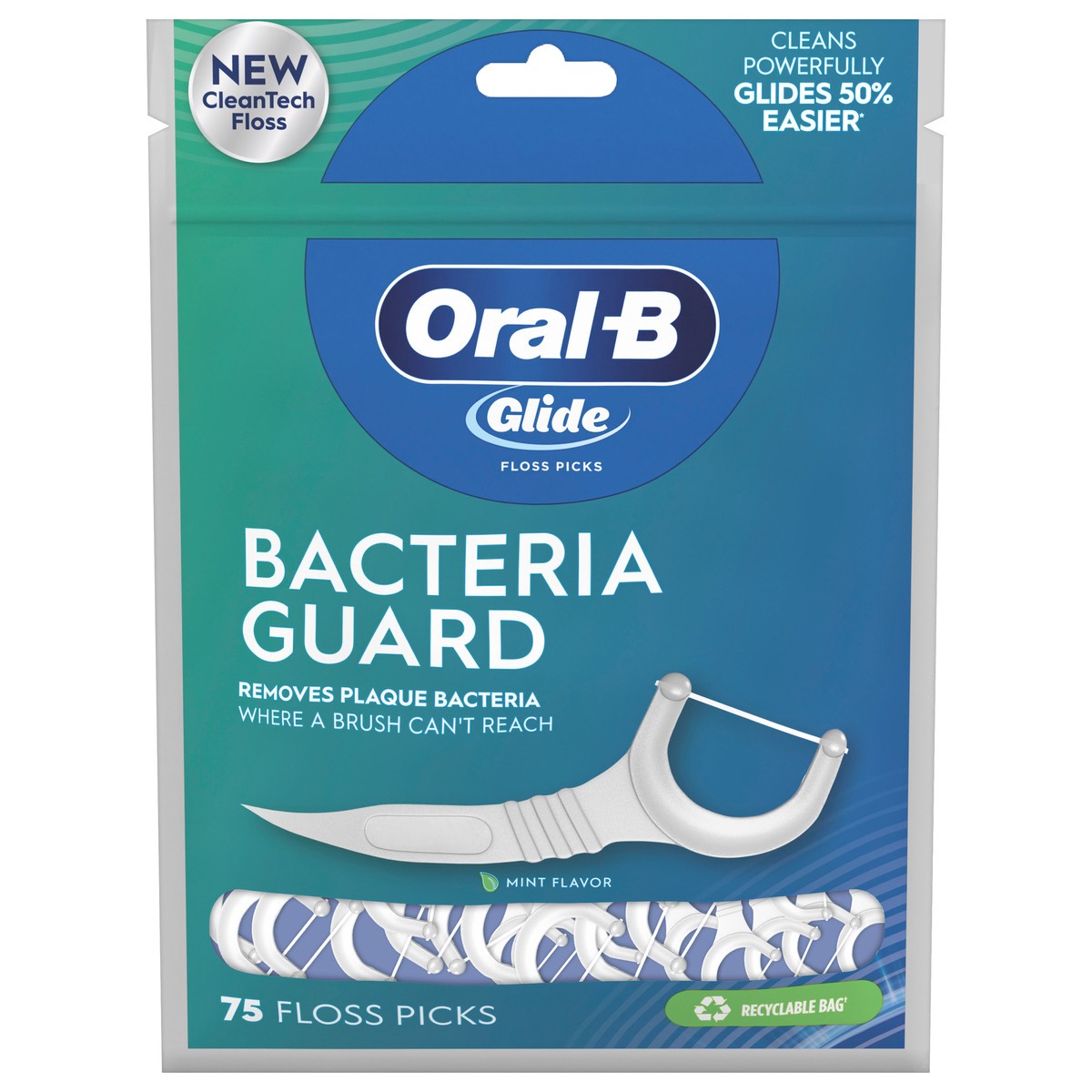 slide 1 of 5, Oral-B Glide Bacteria Guard Dental Floss Picks, Mint, 75 Picks, 75 ct