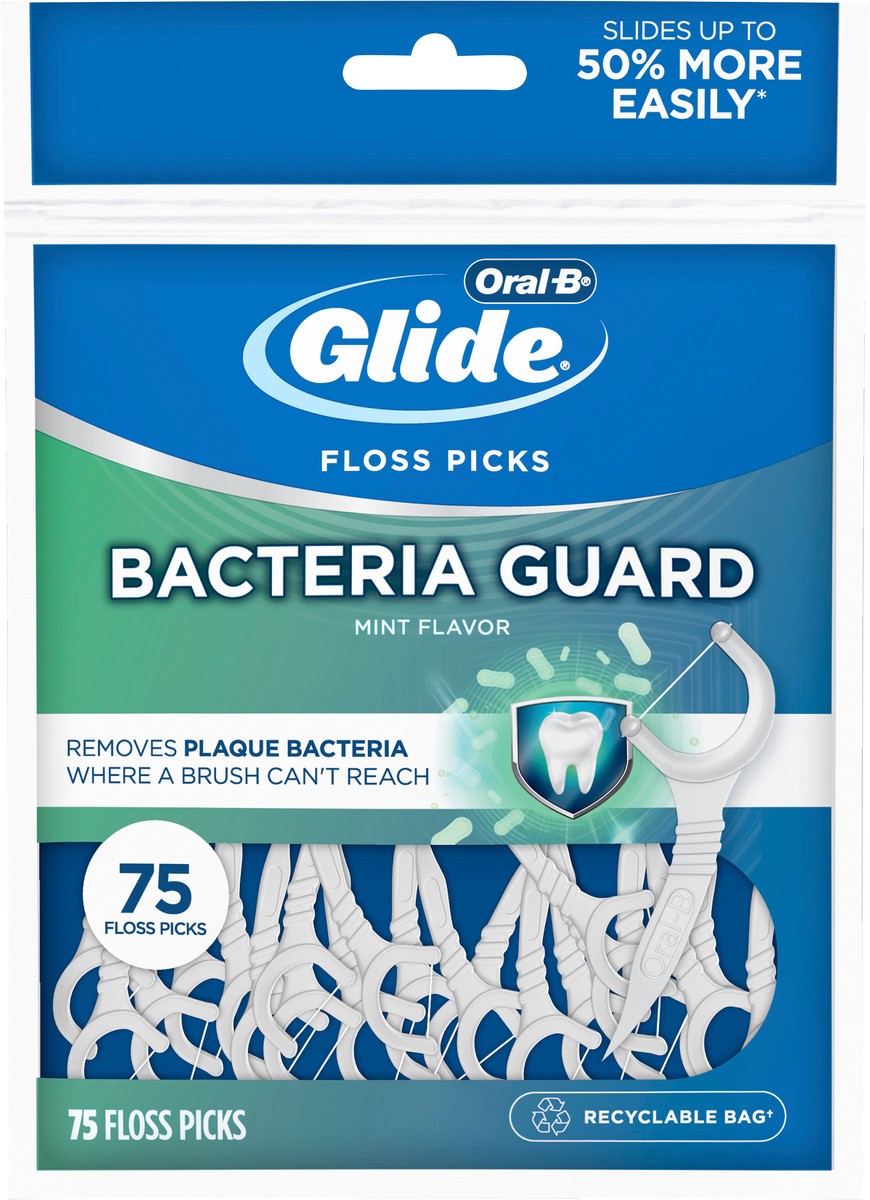 slide 4 of 5, Oral-B Glide Bacteria Guard Dental Floss Picks, Mint, 75 Picks, 75 ct