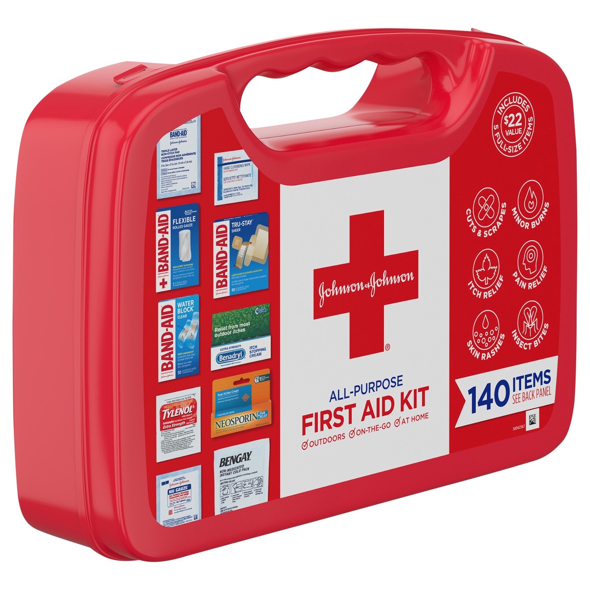 slide 2 of 7, Johnson & Johnson All-Purpose Portable Compact First Aid Kit for Minor Cuts, Scrapes, Sprains & Burns, Ideal for Home, Car, Travel and Outdoor Emergencies, 140 pieces, 1 ct