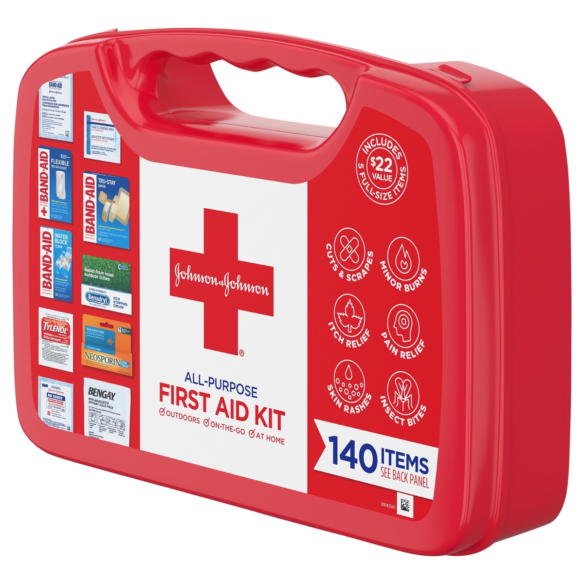 slide 3 of 7, Johnson & Johnson All-Purpose Portable Compact First Aid Kit for Minor Cuts, Scrapes, Sprains & Burns, Ideal for Home, Car, Travel and Outdoor Emergencies, 140 pieces, 1 ct