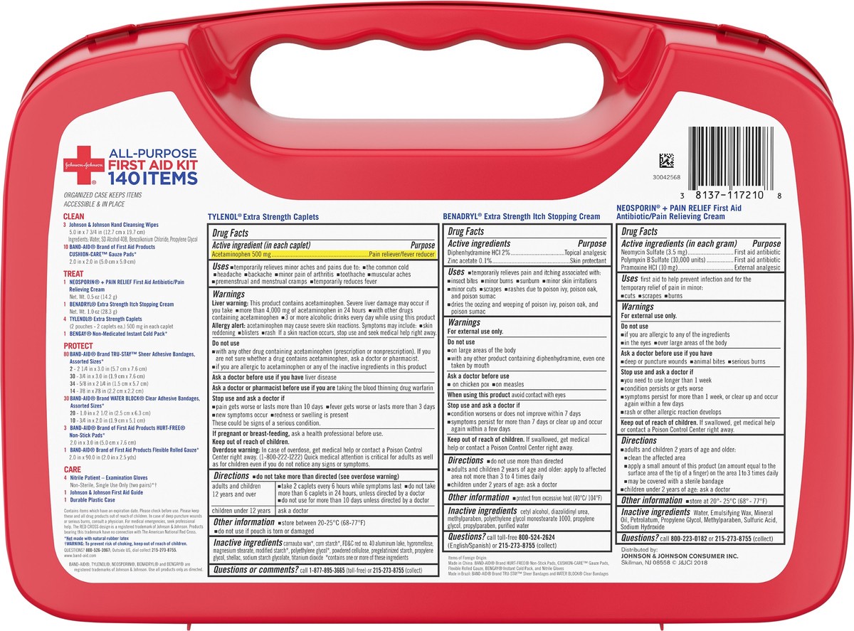 slide 4 of 7, Johnson & Johnson All-Purpose Portable Compact First Aid Kit for Minor Cuts, Scrapes, Sprains & Burns, Ideal for Home, Car, Travel and Outdoor Emergencies, 140 pieces, 1 ct